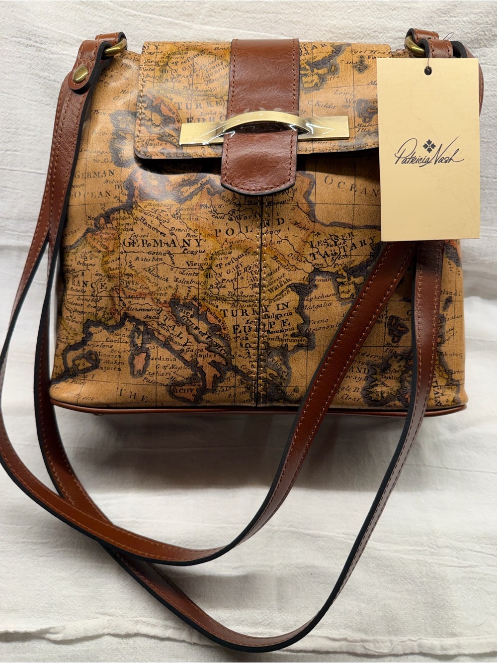 Patricia Nash Larone Beige & Cream Leather Shoulder Bag with  European Map Print